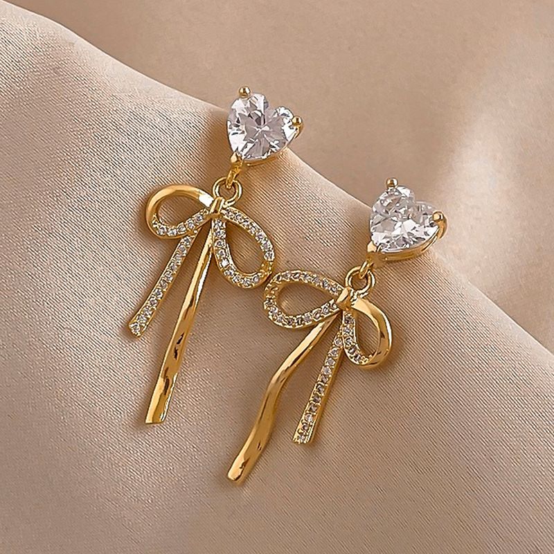 Fashion Zircon Heart-shaped Bow Copper Earrings Female