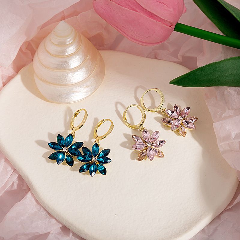 Fashion Double-layer Crystal Four-color Petal Romantic Alloy Earrings