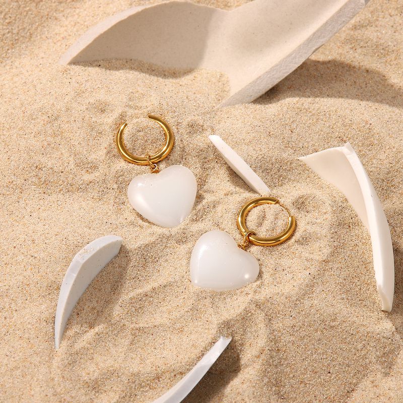 Fashion White Jade Heart-shaped Pendant Titanium Steel Earrings