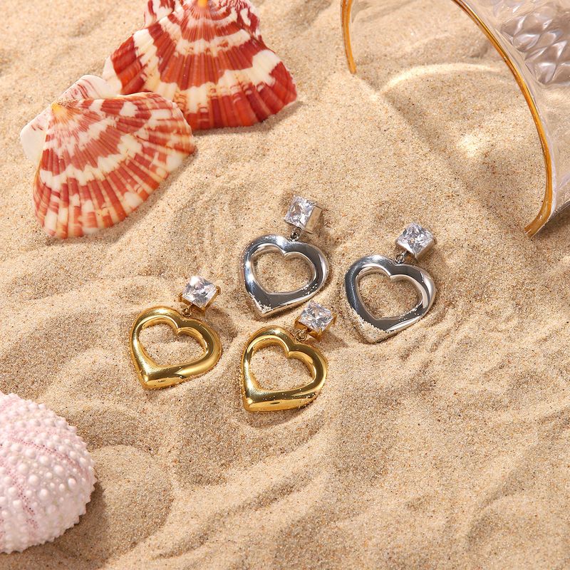 Fashion 14k Gold Square Zircon Heart-shaped Pendant Earrings Stainless Steel
