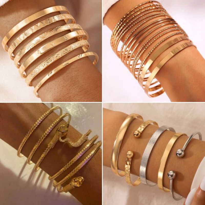Fashion Stacking Gold And Silver Glossy Geometric Animal Snake Open Bracelet