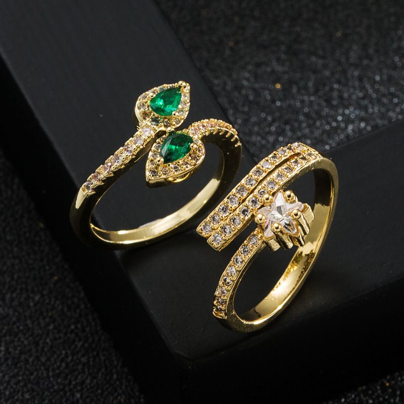 Mode Kupfer Reales Gold Überzogen Micro Intarsien Grün Zirkon Ring Großhandel