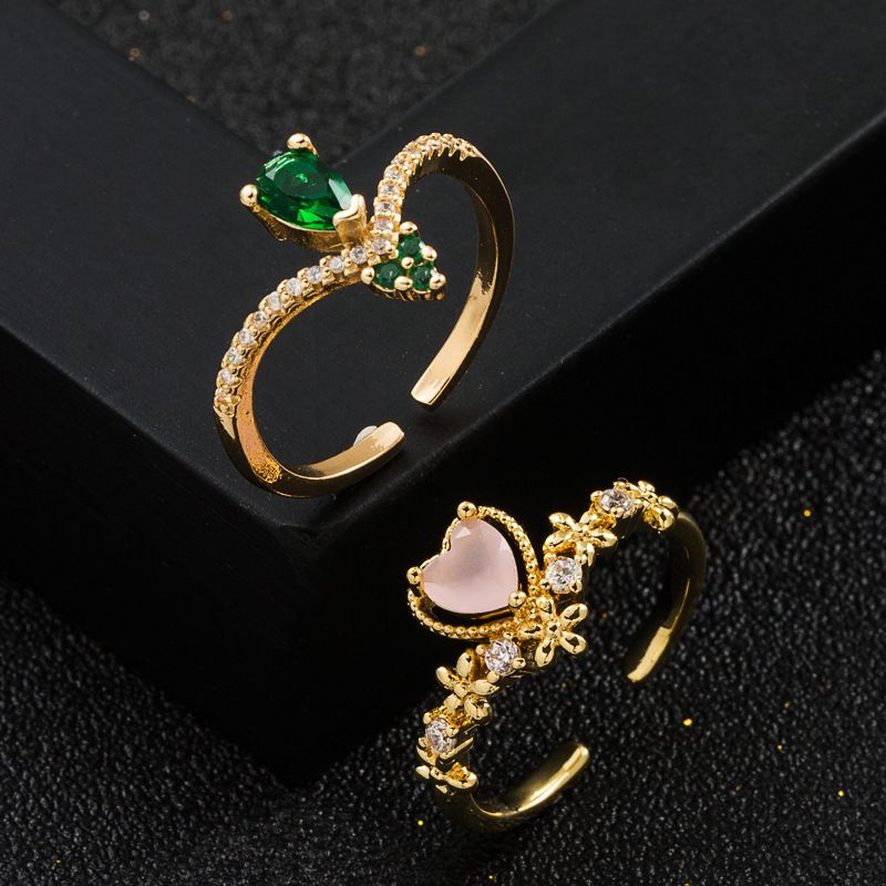 Kupfer Reales Gold Überzogen Micro Intarsien Grün Zirkon Herz-geformte Frauen Ring