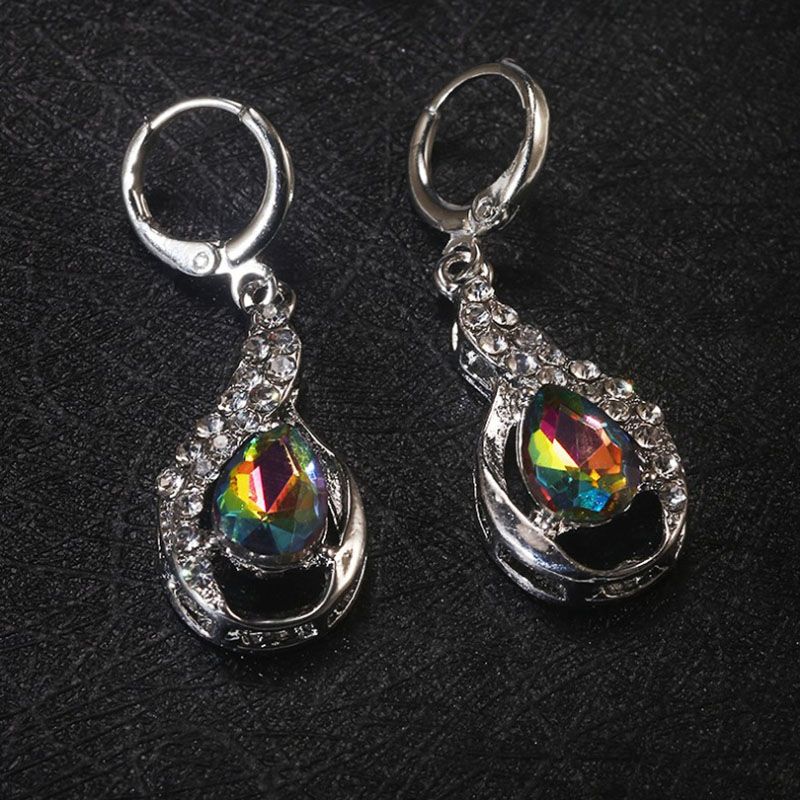 Foreign Trade  Colorful Topaz Rhinestone Earrings Female European And American Water Drop-shaped Earrings Ear Clip Ear Rings