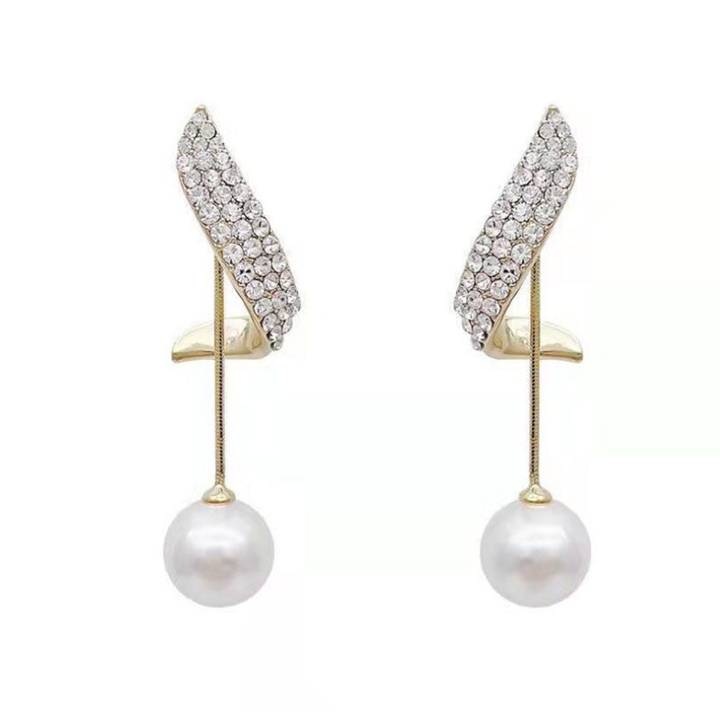 New Simple Graceful Full Diamond Twisted Ring Pearl Two-way Earrings L Tassel Earrings