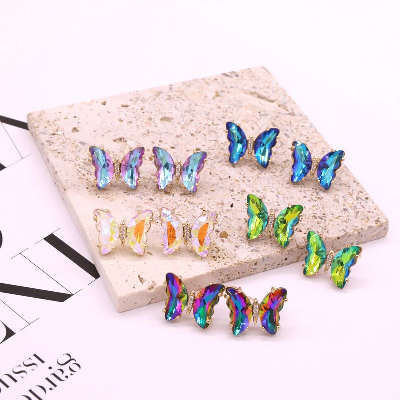 Mode Bunte Kristall Fee Schmetterling Kupfer Stud Ohrringe