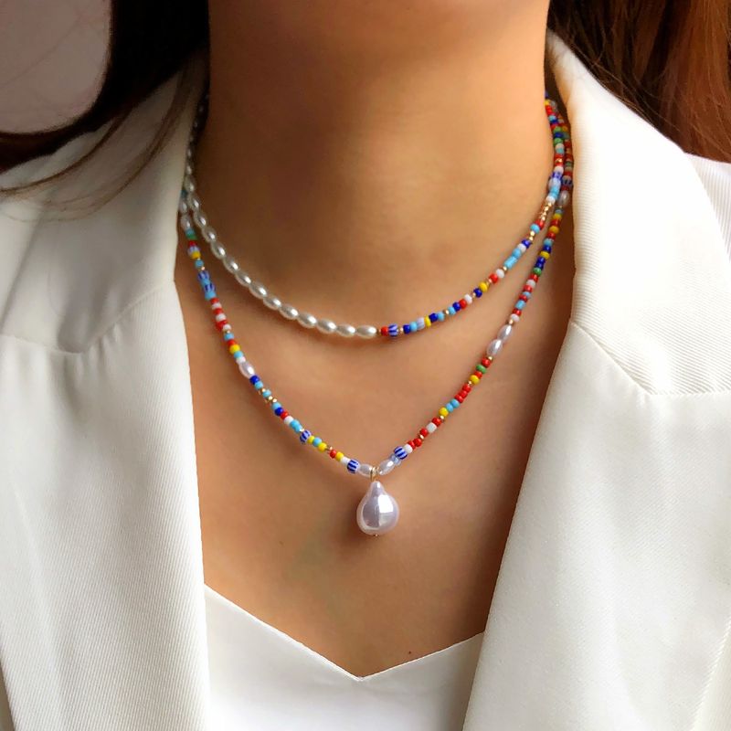Mode Perle Collier Pendentif Femme Double-couche Perlée Coloré Clavicule Chaîne