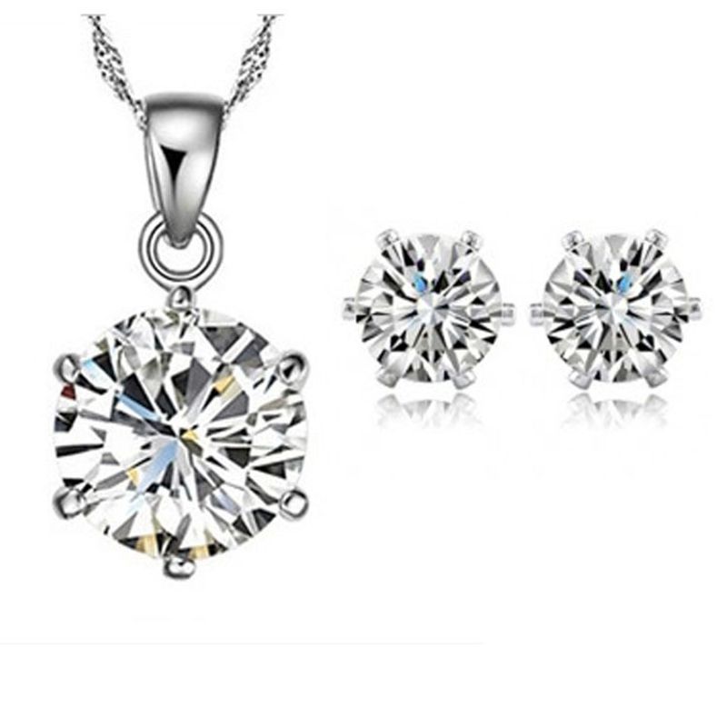 Fashion Jewelry Wholesale Six-claw Single Zircon Pendant Alloy Necklace Earring Suit