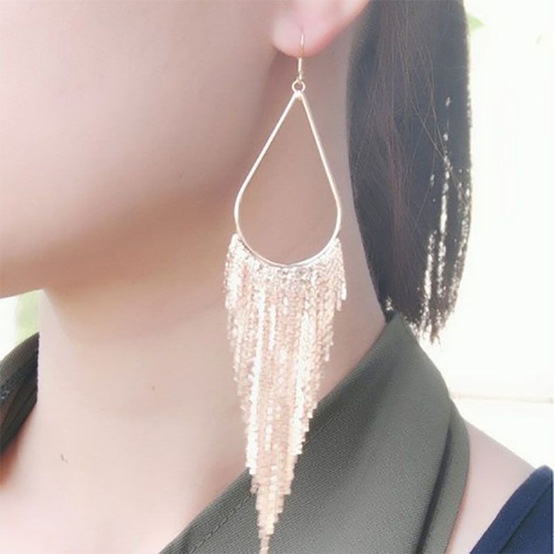 Hot Sale At  Exaggerated Long Metal Tassel Big Ear Stud European And American Foreign Trade All-match Trendy Nightclub Earrings Wholesale