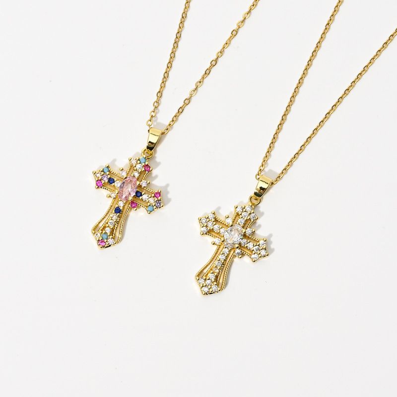 Retro Punk Cross Copper Zircon Pendant Geometric Diamond-studded Necklace