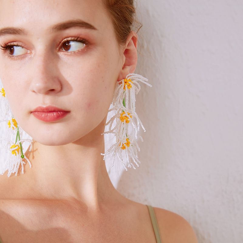 Banquet Seaside All-match Original Design Super Fairy Tassel Hand-woven Bead Daisy Long Earrings