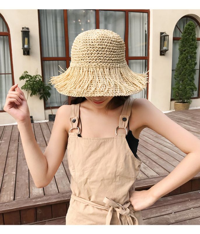 Sombrero De Paja Plegable De Verano De Mujer Borla Simple De Viaje De Ala Grande Sombrero De Protección Del Sol De Playa De Vacaciones De Playa