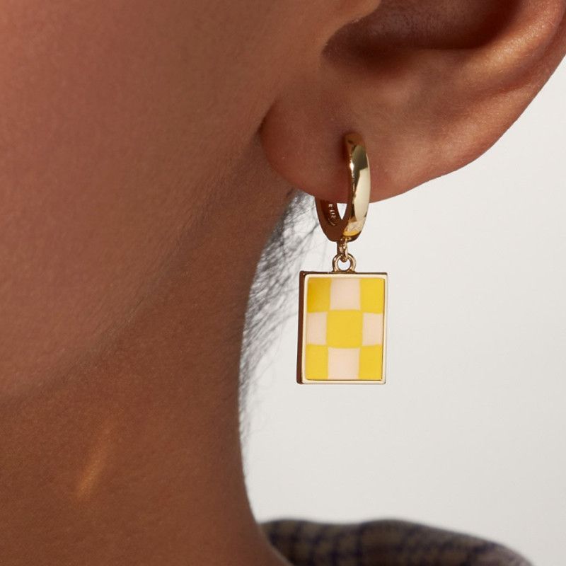 Simple Enamel Checkerboard Pattern 14k Copper Plated Earrings