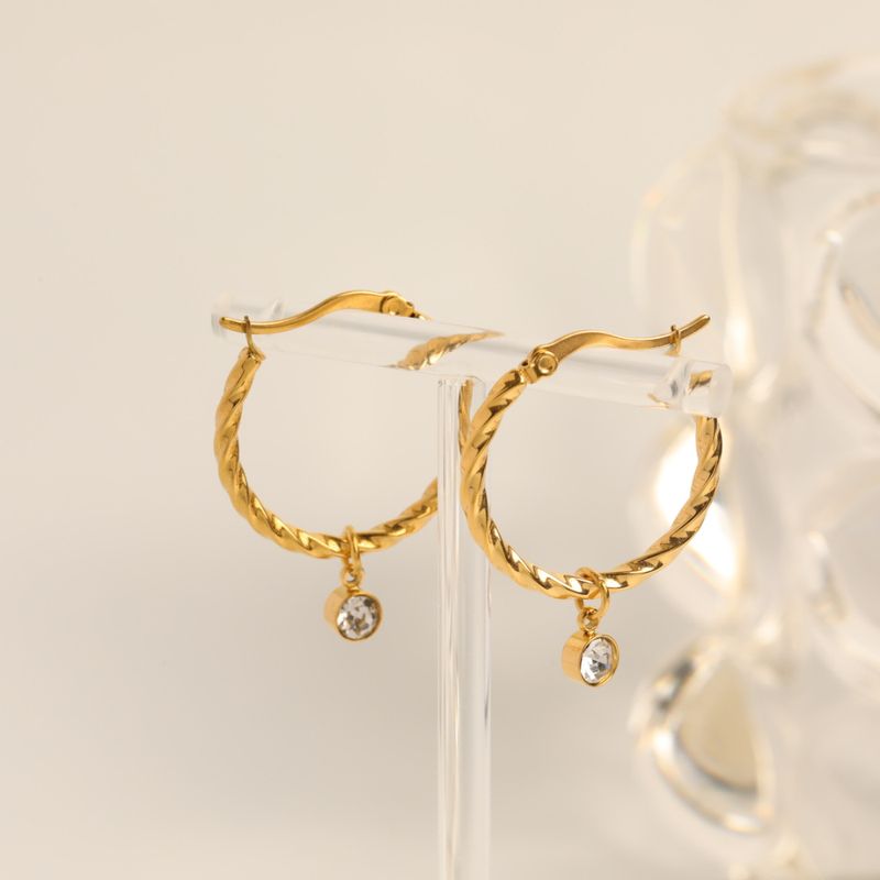 Retro Spiral Twist Zircon Pendant Stainless Steel Gold-plated Earrings