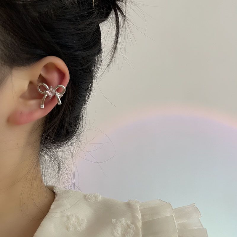 Simple Pink Rhinestone Bow Shape Ear Clips
