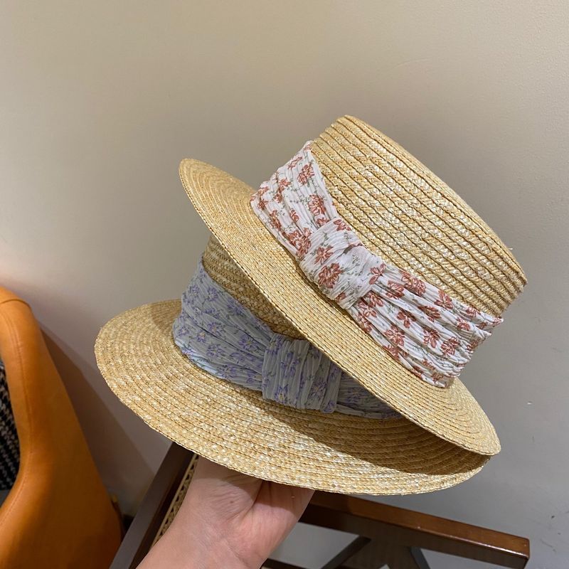 Wheat-straw Hat Flat Top Small-brim Floral Summer Sun Hat Women's Vacation Hat
