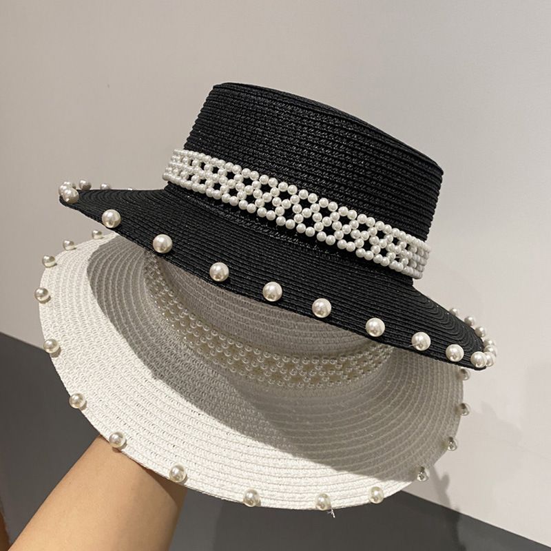 Sombrero De Paja De Perlas De Protección Solar De Ala Grande Retro De Verano