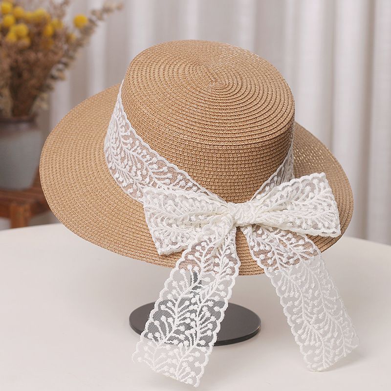 Straw Hat Women's Bow Lace Flat-top Cap Summer Travel Beach Hat