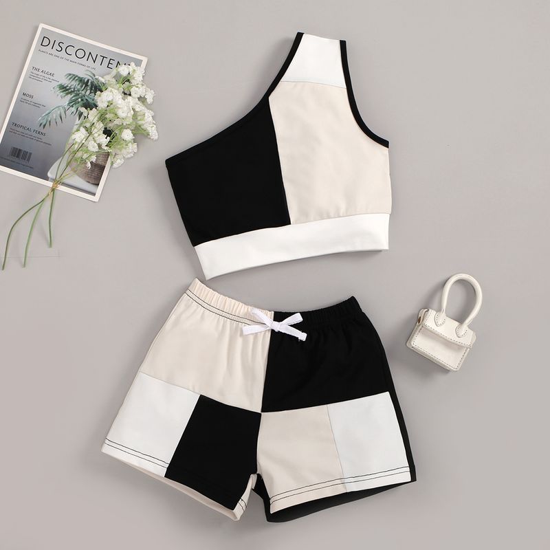 Summer Girls' Oblique Shoulder Tops Color Matching Shorts Children's  Suit