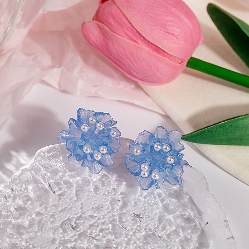 Mode Transparent Klein Bleu Camélia Perle Boucles D'oreilles