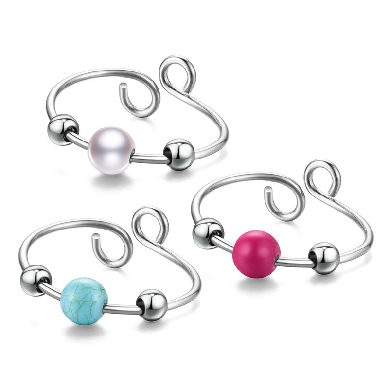 Creative Titanium Steel Rotatable Pressure Anti-anxiety Live Pearl Turquoise Ball Ring