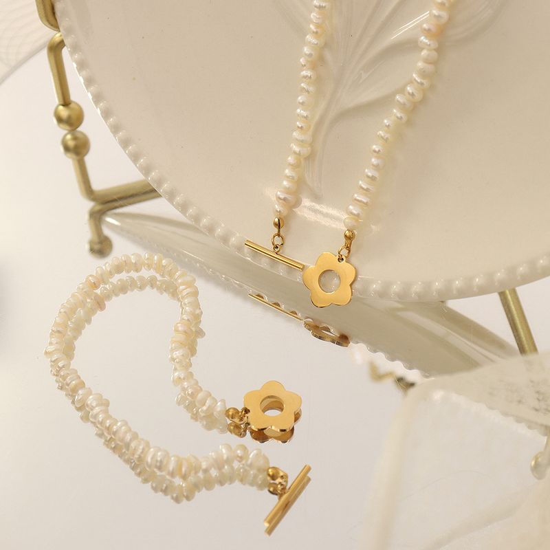 Mode Barock Süßwasser Perle Blume Ot Schnalle Halskette Weibliche Titan Stahl
