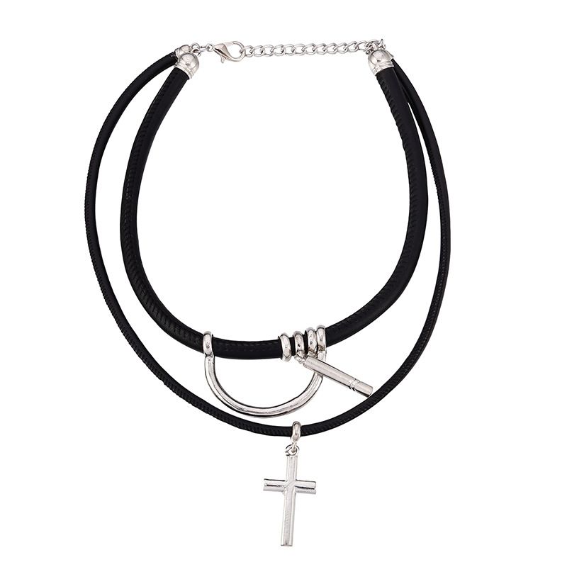 Fashion Leather Silver Color Tokyo Cross Alloy Double Layer Necklace