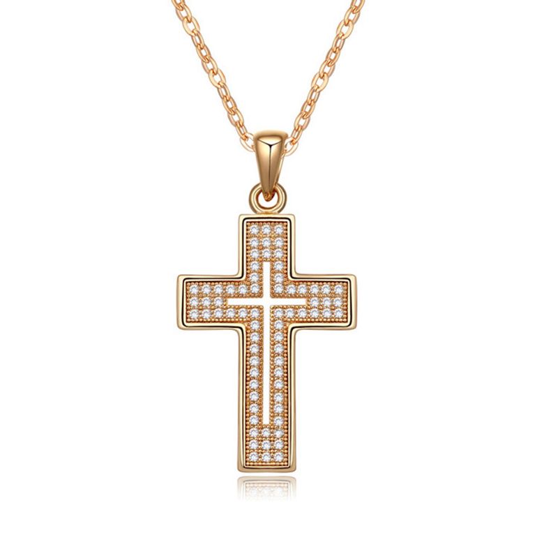 Fashion Cross Copper Inlaid Zircon Pendant Gold-plated Necklace