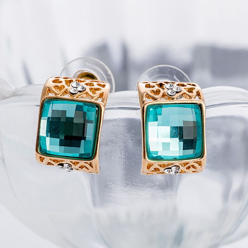 Vintage Square Color Crystal Alloy Gold-plated Stud Earrings