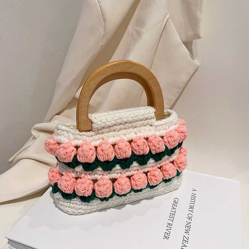 New Fashion Flower Woven Handbag Wood Portable19*16*5cm