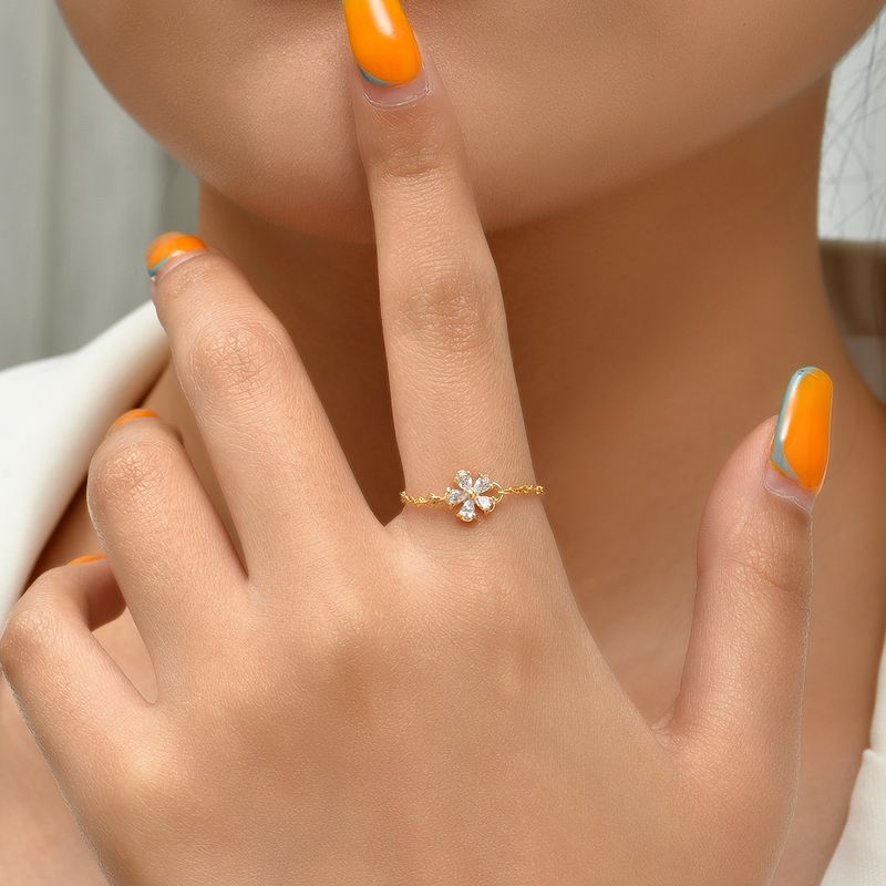 Fashionable Adjustable Little Finger Copper Electroplated 18k Gold Zircon Flower Pull-out Ring