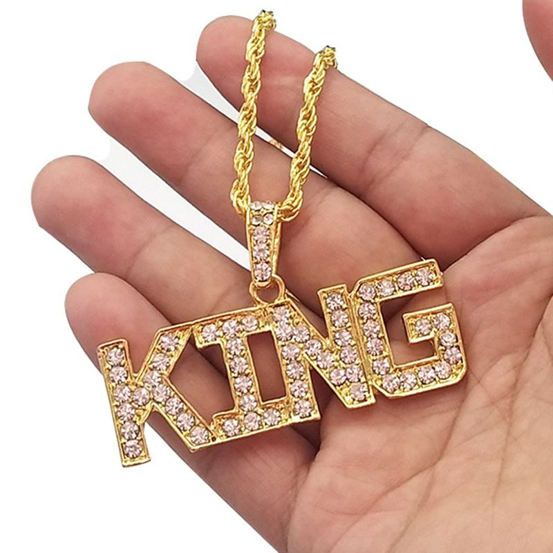 Fashion Hip Hop Style Letter King Queen Pendant Inlaid Rhinestone Necklace