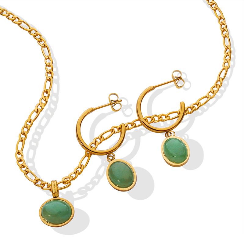 Fashion Green Agate Clavicle Necklace Earrings Titanium Steel 18k Gold Accessories Set