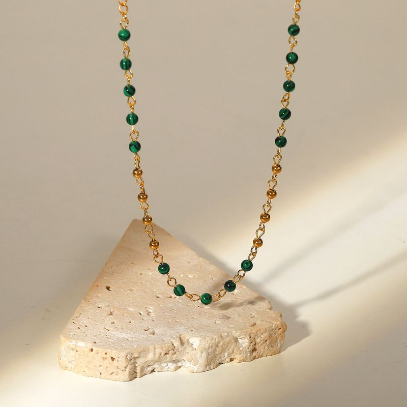 Moda 18k Oro Acero Inoxidable Verde Pavo Real Piedra Perlas Collar Mujeres