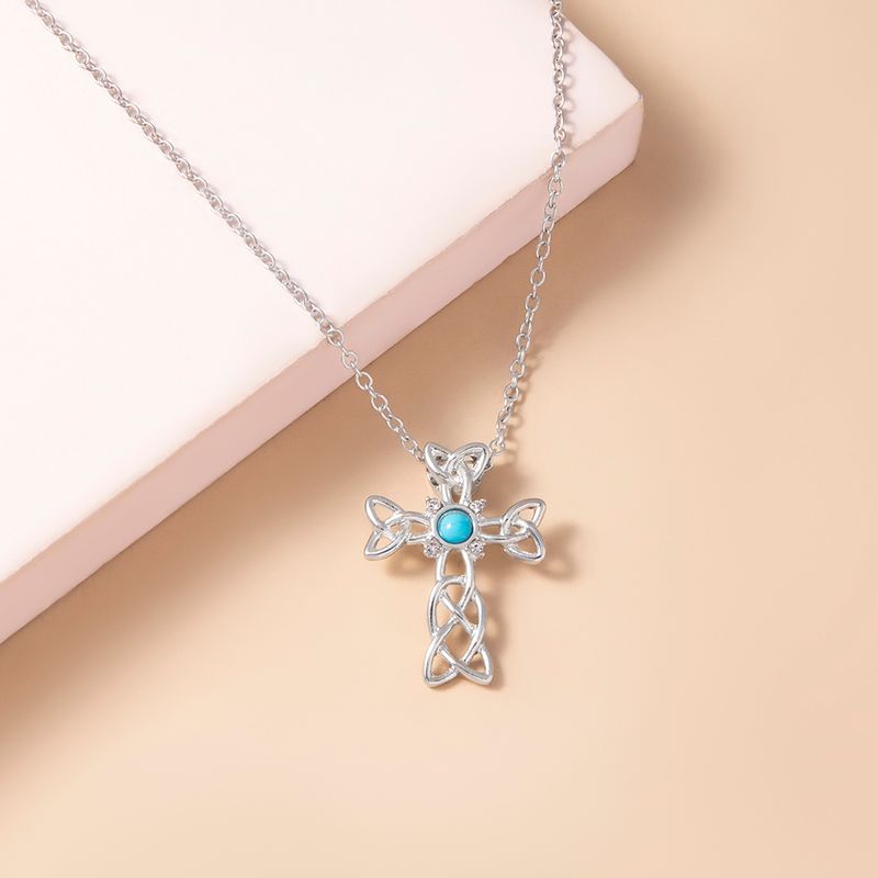 Fashion Hollow Cross Inlaid Turquoise Pendant Alloy Necklace