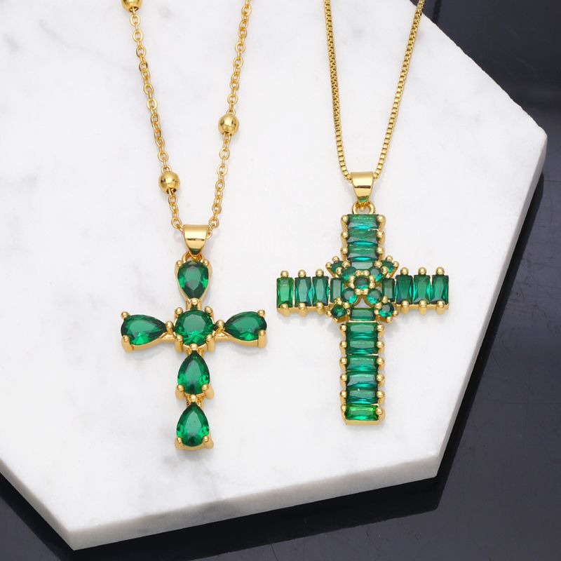 Fashion Cross Green Zircon Copper 18k Gold-plated Necklace