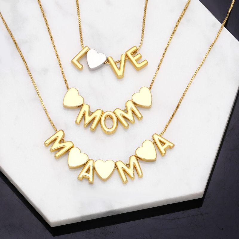 Fashion Letter Mama Mom Pendant Heart Copper 18k Gold-plated Inlaid Color Zircon Necklace