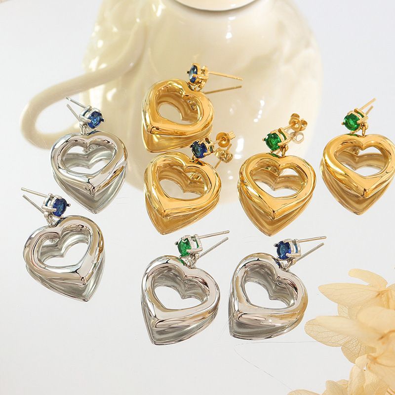 Fashion Titanium Steel 18k Gold Geometric Zircon Heart Earrings Ornament