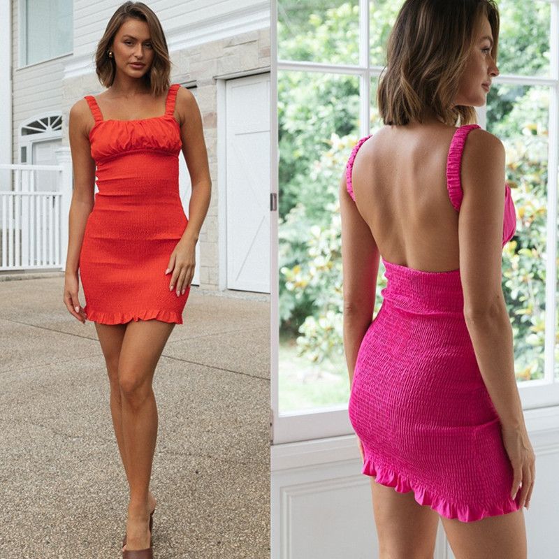 Women's Clothing Summer Sexy Backless Sling Smocking Pleated Hip Skirt Ruffled Nightclub Dress