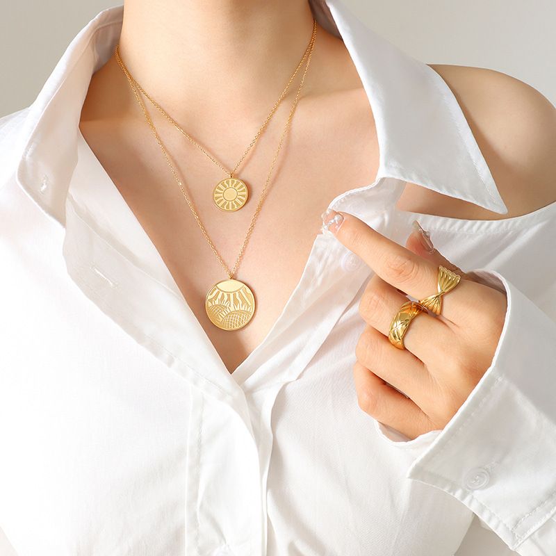 Colgante De Línea Geométrica De Doble Capa De Moda Para Mujer 18k Oro Titanio Acero Collar