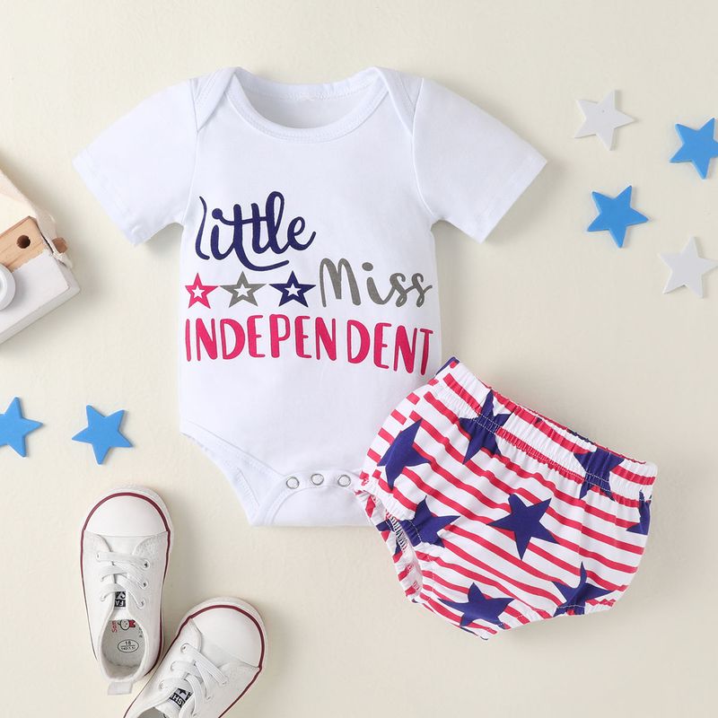 Fashion Summer New Letter Print Short-sleeve Romper Two-piece Children's Suit Independence Day
