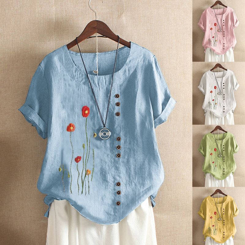 Spring Round Neck Short Sleeves Mid-length Blue Printed Long Pullover Shirt