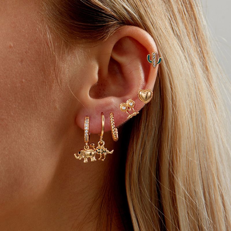 Fashion Creative Copper 18k Gold Plated Inlaid Zircon Elephant Dinosaur Cactus Heart Earrings Six-piece Set