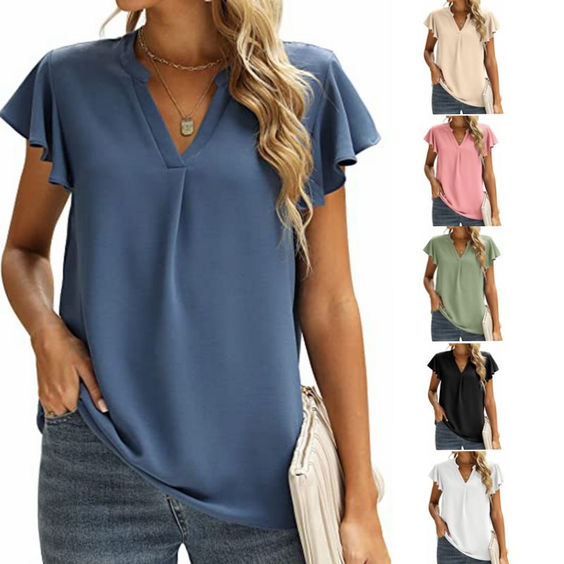 Women's Short Sleeve Blouses Patchwork Casual Fashion Solid Color
