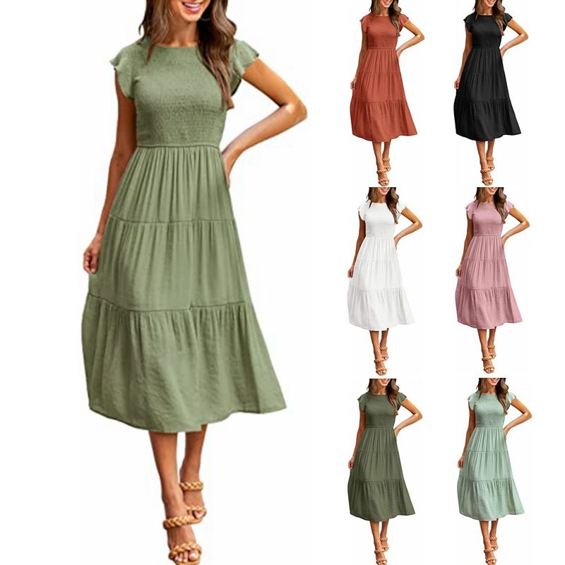 Sexy Commute Round Neck Pleated Short Sleeve Solid Color Maxi Long Dress