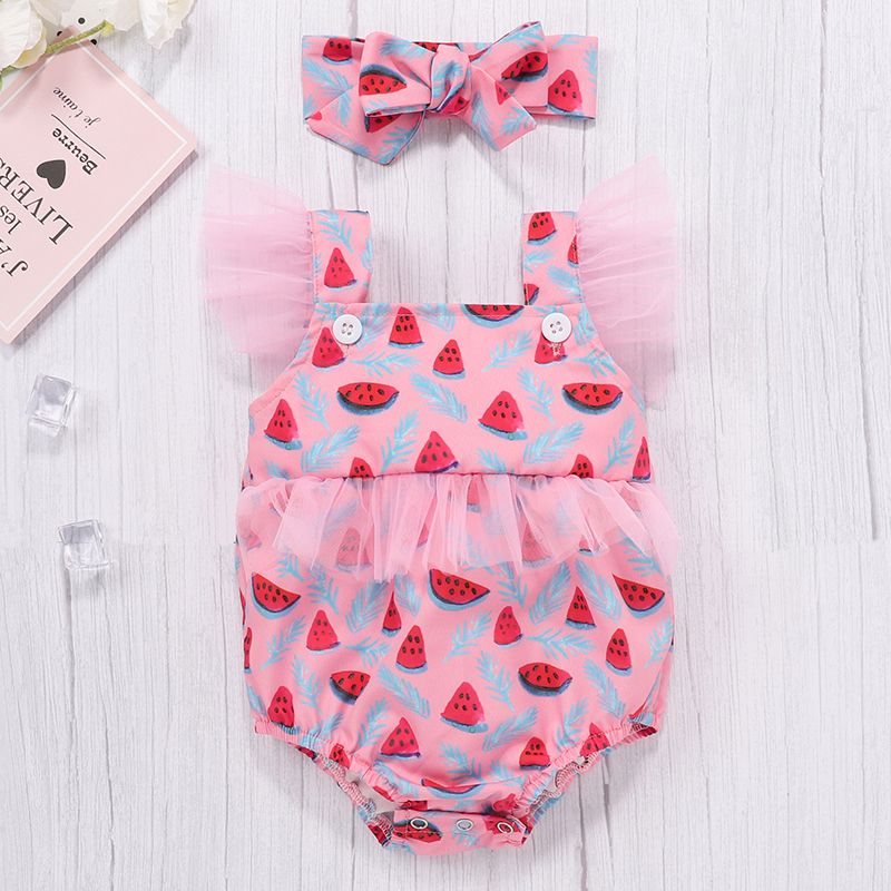 Fashion Baby Girl Summer New Watermelon Fruit Printed Mesh Romper Two-piece Set