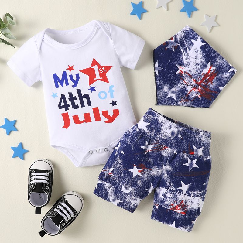 Fashion Summer Letters Star Printing Romper Short Sleeve Three-piece Suit Independence Day