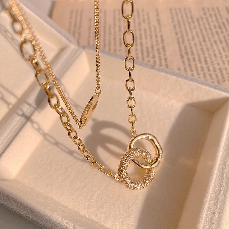 Diamond Geometric Ring Titanium Steel Necklace Double Layer Twin Clavicle Chain