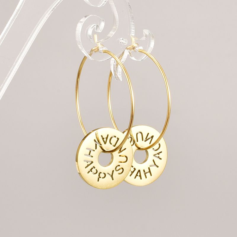 Fashion Simple Circle Hollow Lettering Gold Big Ear Ring  Titanium Steel Earrings