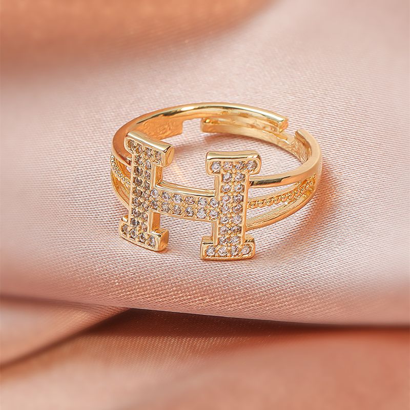 Fashion Zircon Rhinestone Letter H Open-end Copper Ring